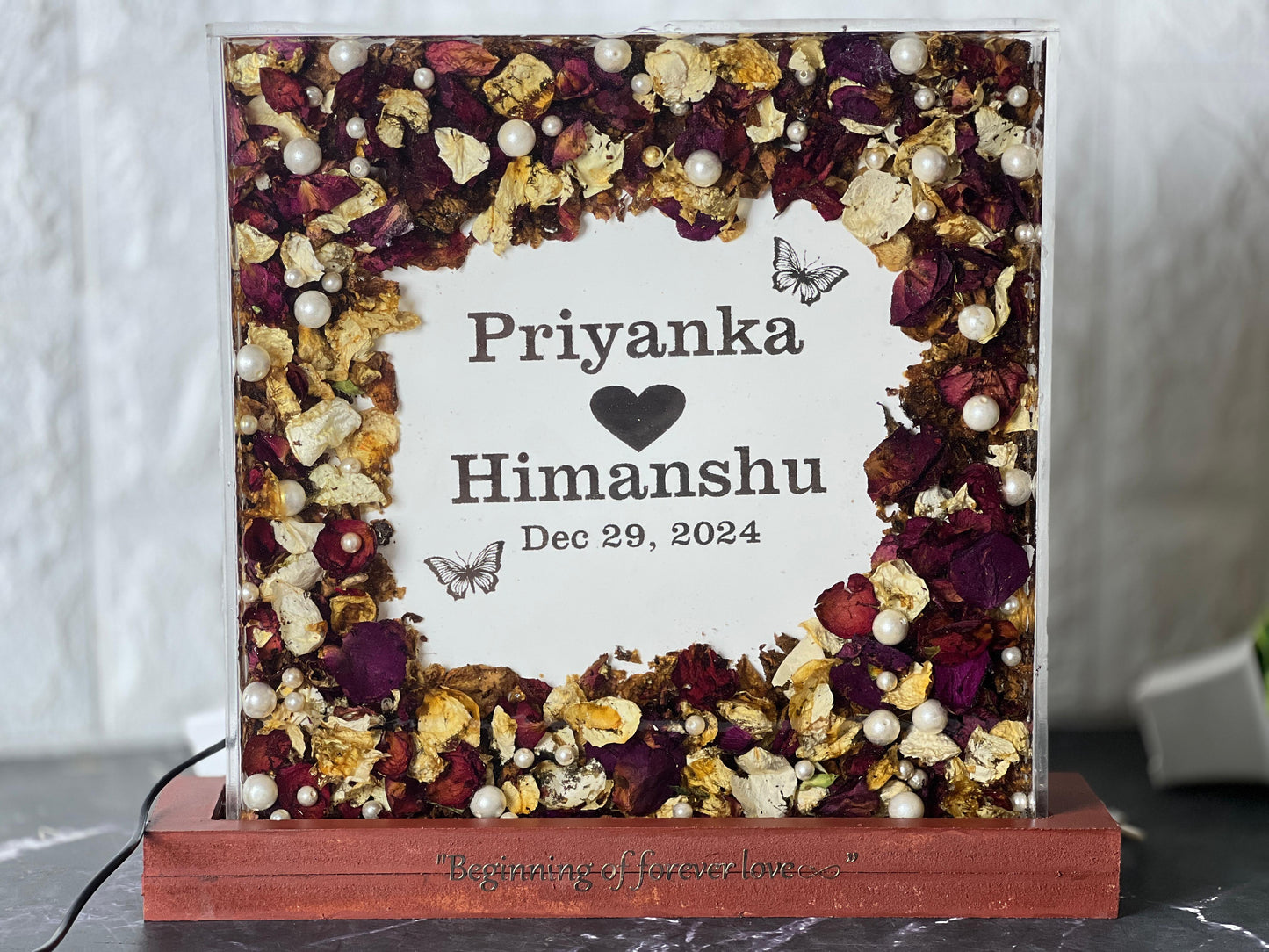 Resin 12inch Acraclic block with name logo and Flowers Petals with LED Lamp Varmala Preservation