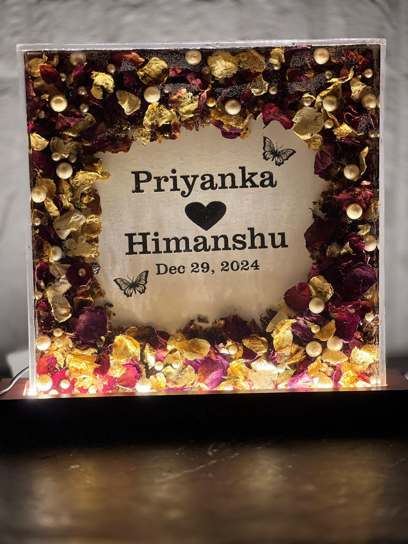 Resin 12inch Acraclic block with name logo and Flowers Petals with LED Lamp Varmala Preservation