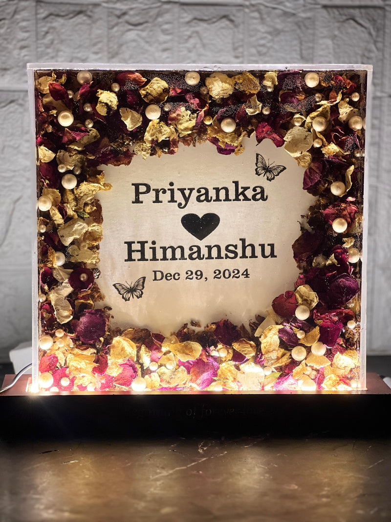 Resin 12inch Acraclic block with name logo and Flowers Petals with LED Lamp Varmala Preservation