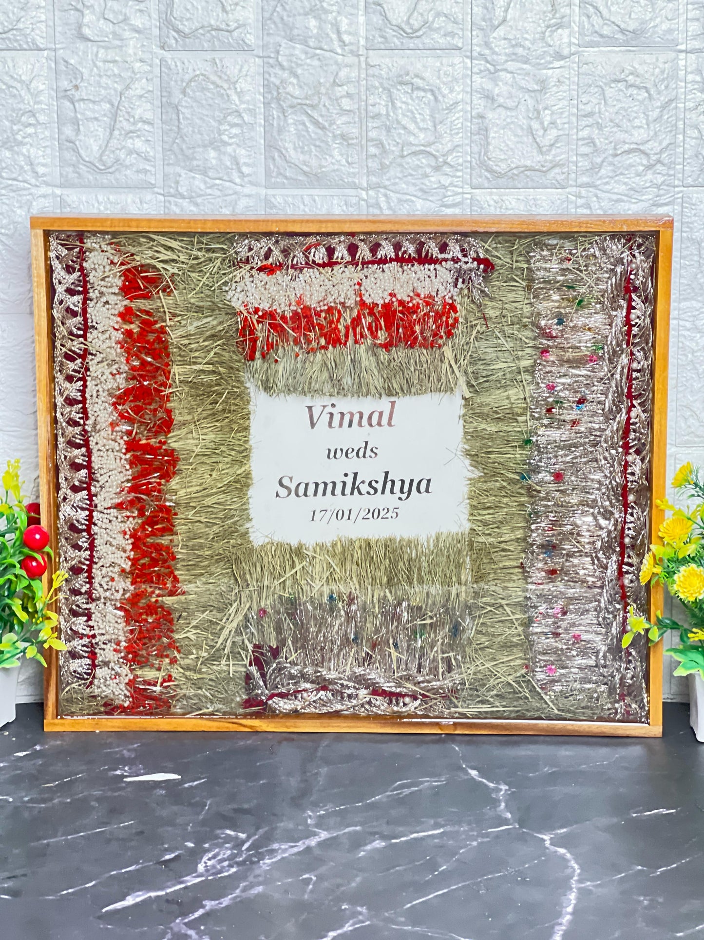 Resin 15 by 18 inch wooden frame with couple Name & Varmala Preservation