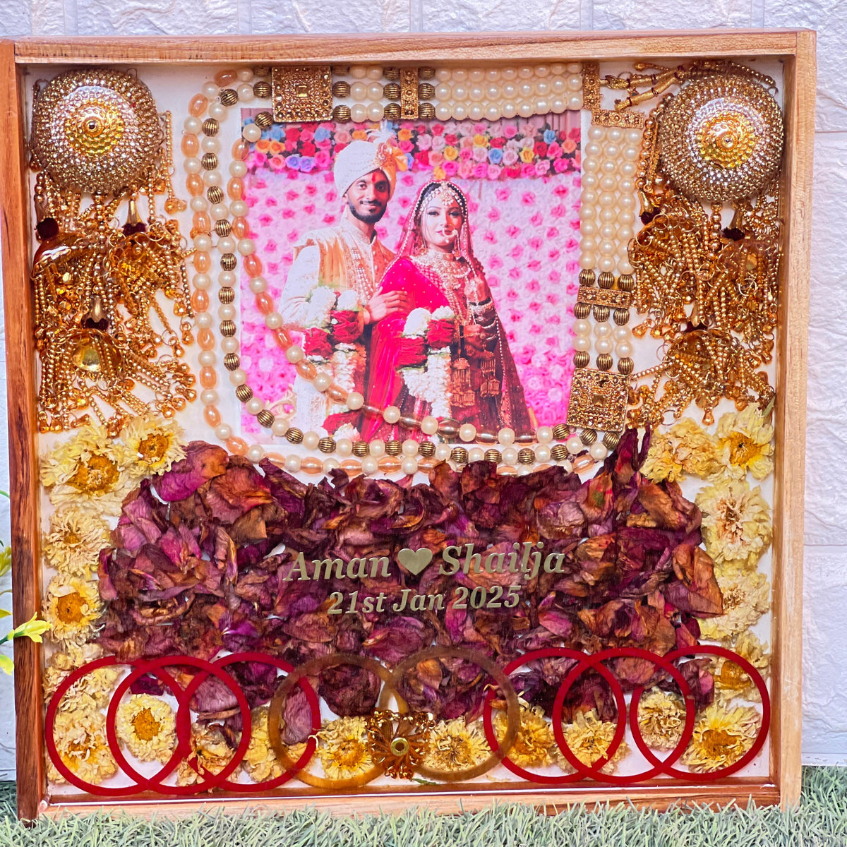 Wedding Garland, Photo & Kaleera Preservation in Wooden Frame (14-Inches)