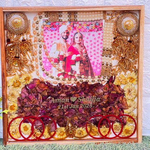 Wedding Garland, Photo & Kaleera Preservation in Wooden Frame (14-Inches)