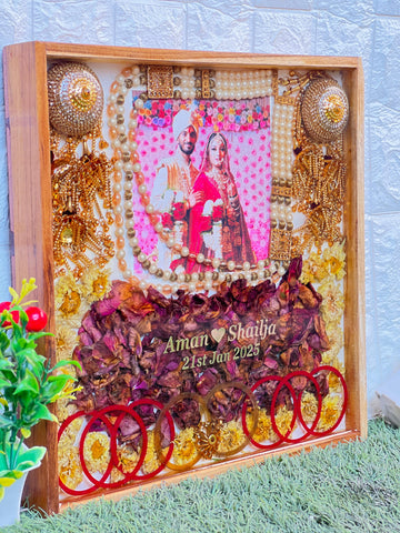 Wedding Garland, Photo & Kaleera Preservation in Wooden Frame (14-Inches)