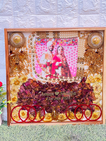 Wedding Garland, Photo & Kaleera Preservation in Wooden Frame (14-Inches)