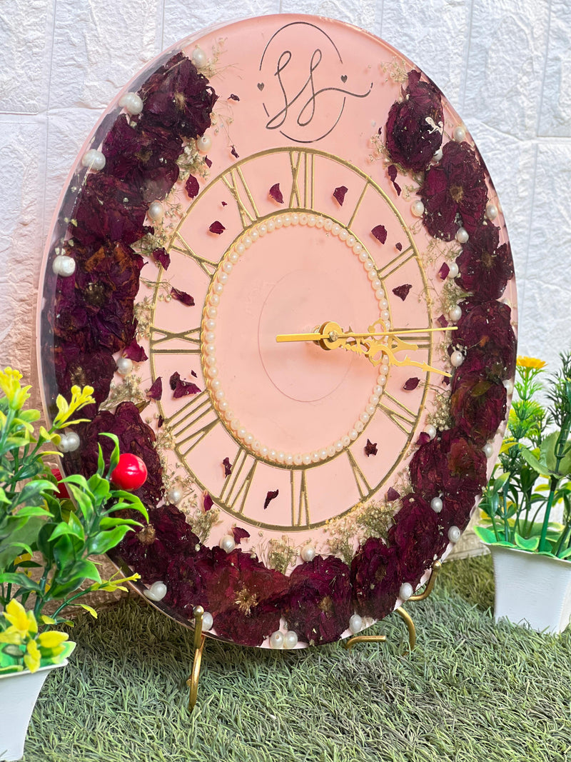 Resin 14inch round roman clock with couple Name initial with red roses Varmala Preservation