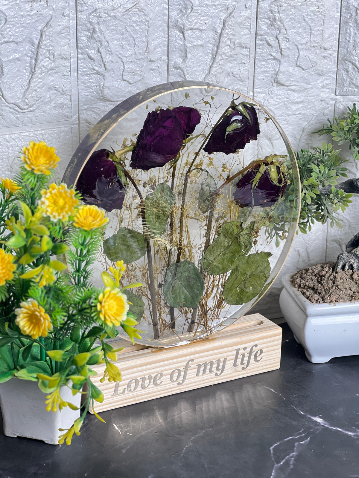 Rose Flowers Preservation in  8-Inches Resin LED Frame