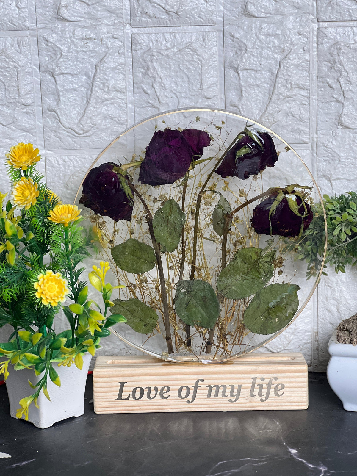 Rose Flowers Preservation in  8-Inches Resin LED Frame