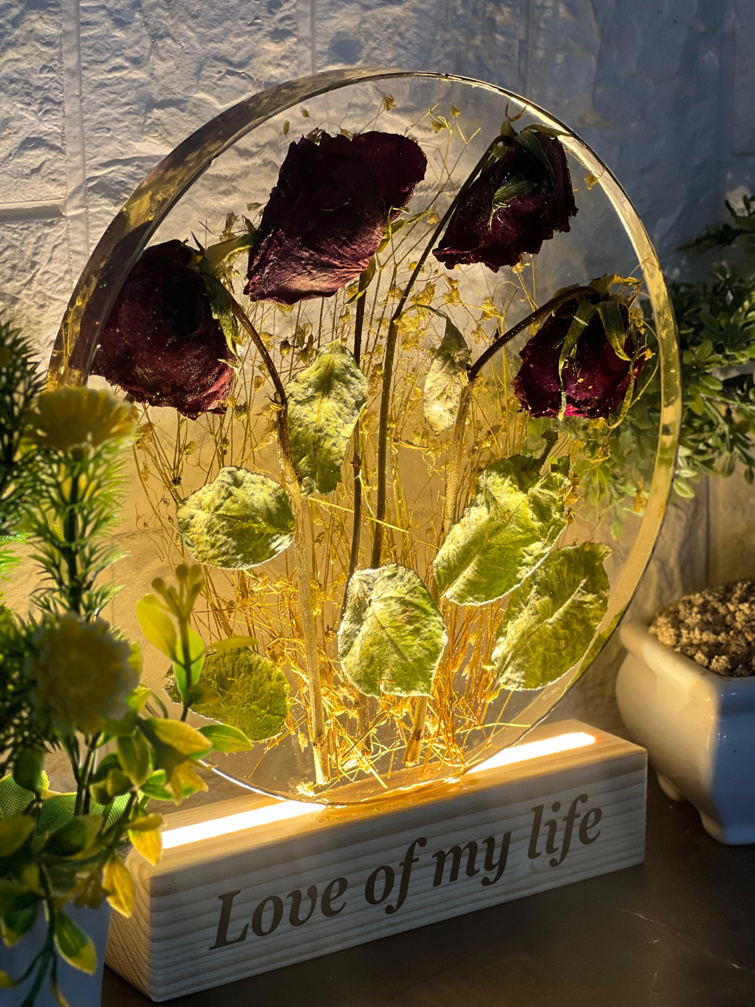 Rose Flowers Preservation in  8-Inches Resin LED Frame