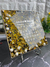 Resin 8 inch square frame with   black base petals and name date n calendar on the top with metal stand  Varmala Preservation