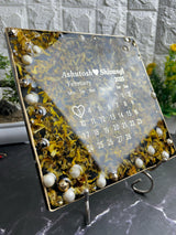 Resin 8 inch square frame with   black base petals and name date n calendar on the top with metal stand  Varmala Preservation
