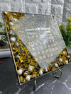 Resin 8 inch square frame with   black base petals and name date n calendar on the top with metal stand  Varmala Preservation