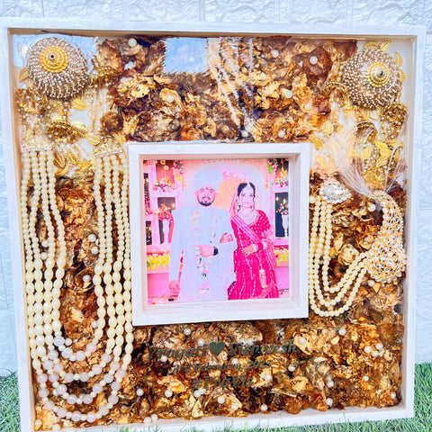 Resin 16 by 16 inch dual frame with flowers, kantha, kalagi, kaleera name date photo Varmala Preservation