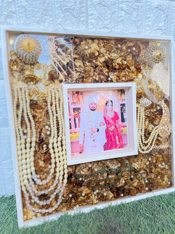 Resin 16 by 16 inch dual frame with flowers, kantha, kalagi, kaleera name date photo Varmala Preservation