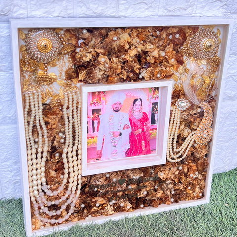 Resin 16 by 16 inch dual frame with flowers, kantha, kalagi, kaleera name date photo Varmala Preservation