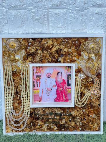 Resin 16 by 16 inch dual frame with flowers, kantha, kalagi, kaleera name date photo Varmala Preservation