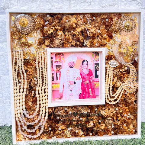 Resin 16 by 16 inch dual frame with flowers, kantha, kalagi, kaleera name date photo Varmala Preservation