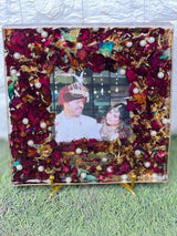8 inch clear square varmala resin block with maroon roses and pearls