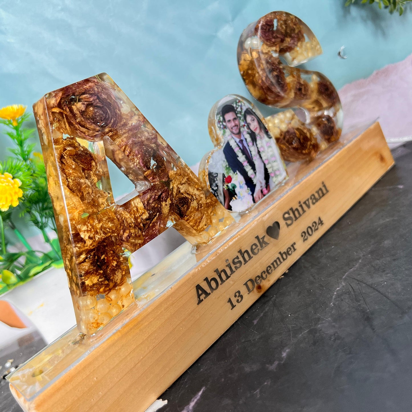 Resin 4inch name initial LAMP with LED stand with Heart Photo Varmala Preservation