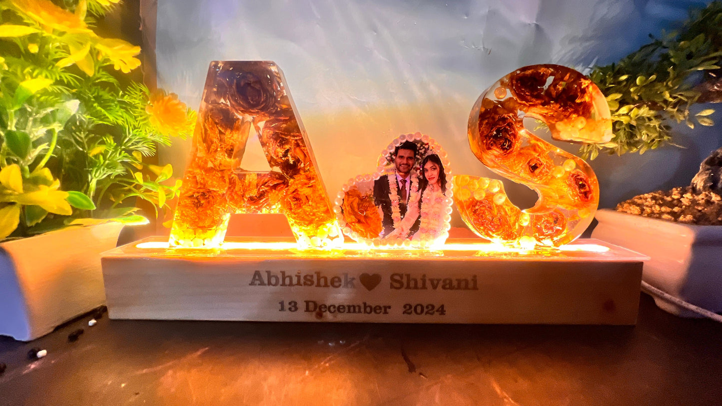 Resin 4inch name initial LAMP with LED stand with Heart Photo Varmala Preservation