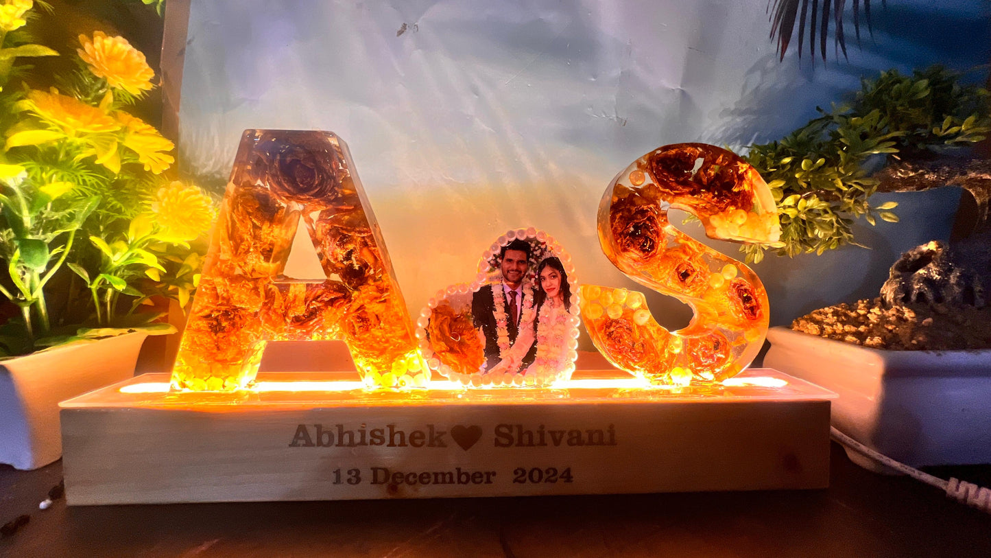 Resin 4inch name initial LAMP with LED stand with Heart Photo Varmala Preservation