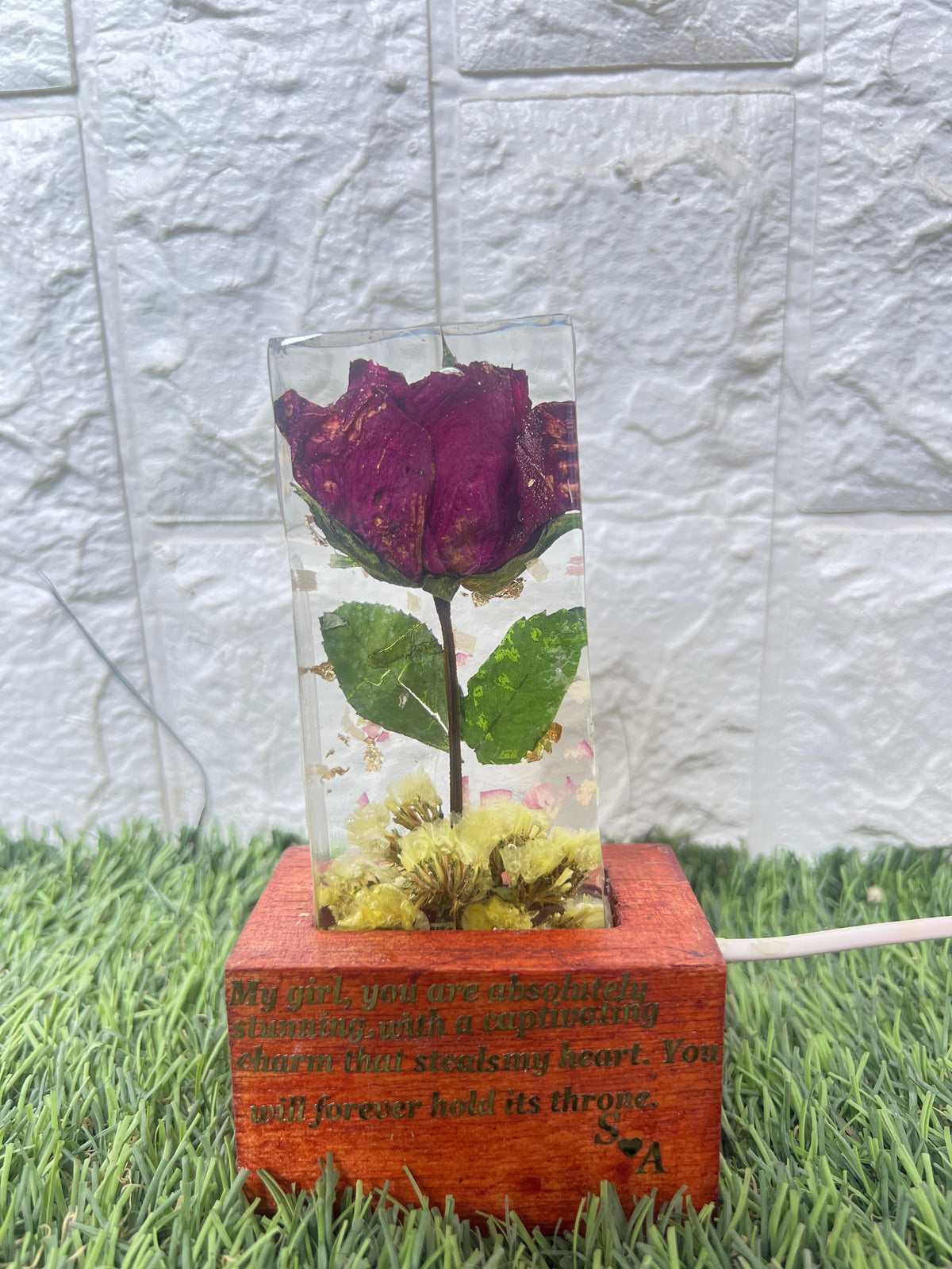 Resin Single rose block with LED lamp with Phone cover Combo set with content Flowers Preservation