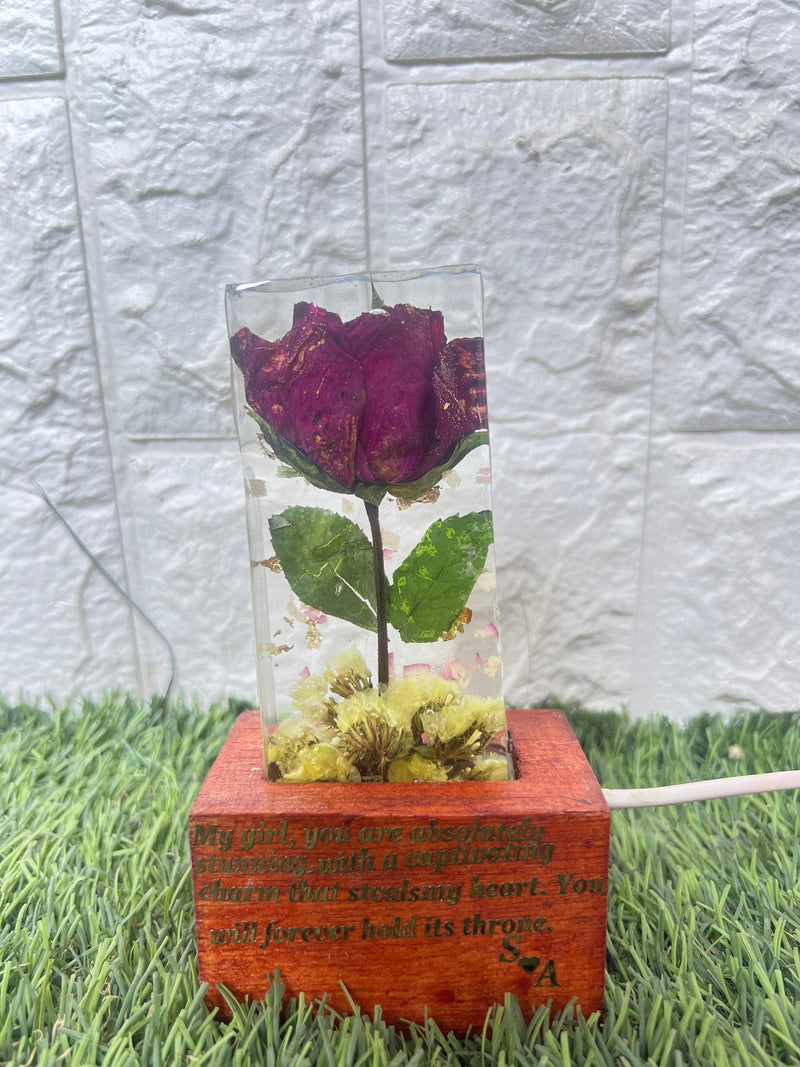 Resin Single rose block with LED lamp with Phone cover Combo set with content Flowers Preservation