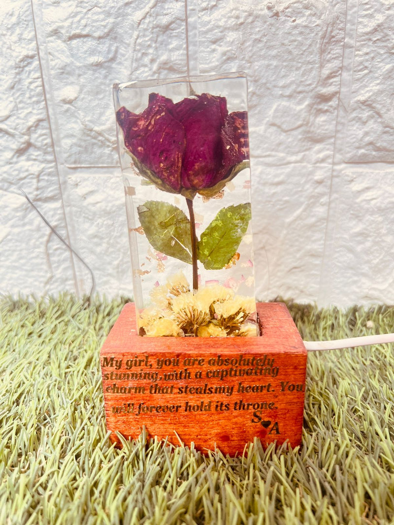 Resin Single rose block with LED lamp with Phone cover Combo set with content Flowers Preservation