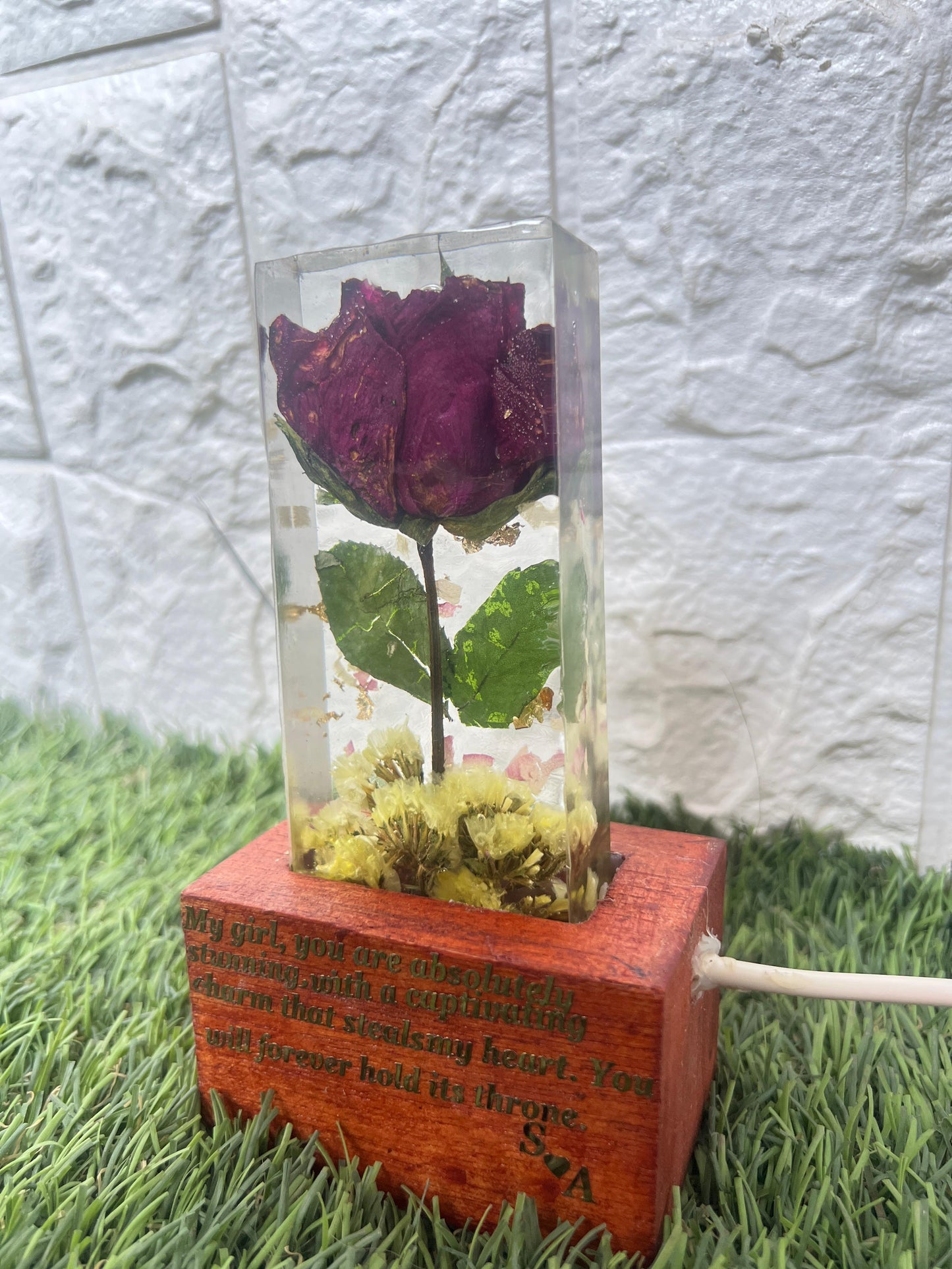 Resin Single rose block with LED lamp with Phone cover Combo set with content Flowers Preservation