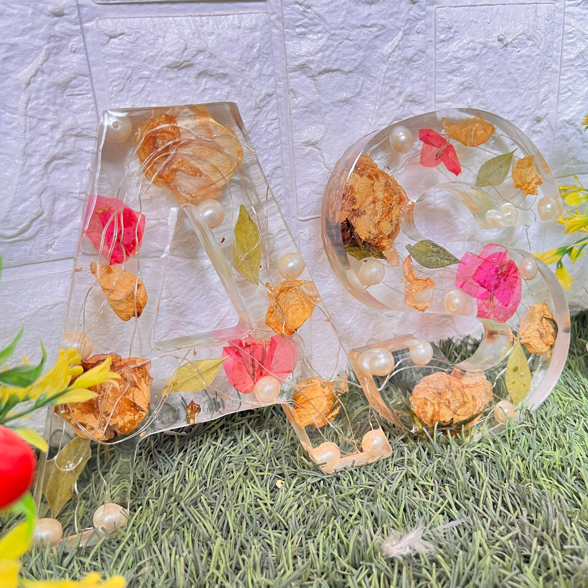 Resin 6 inch name initial Lamp with Qurakick LED light option with Petals Varmala Preservation