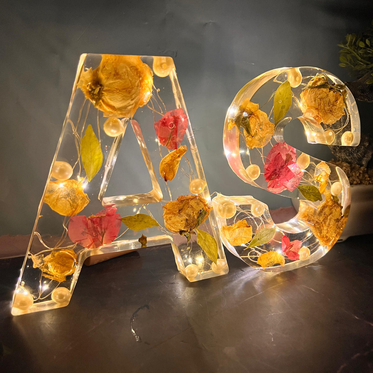 Resin 6 inch name initial Lamp with Qurakick LED light option with Petals Varmala Preservation