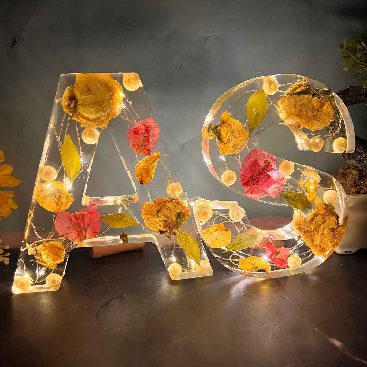 Resin 6 inch name initial Lamp with Qurakick LED light option with Petals Varmala Preservation