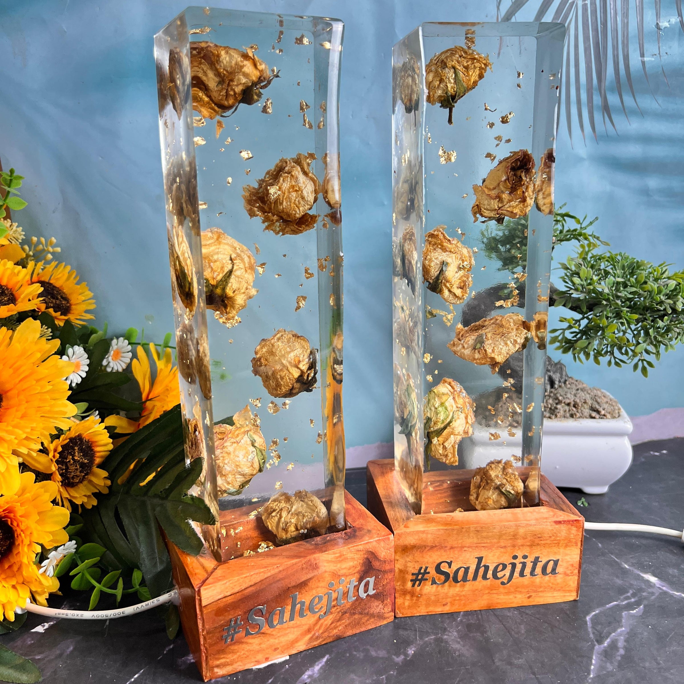 Resin 12 inch block with Couple #tag & LED lamp stand with Varmala Preservation