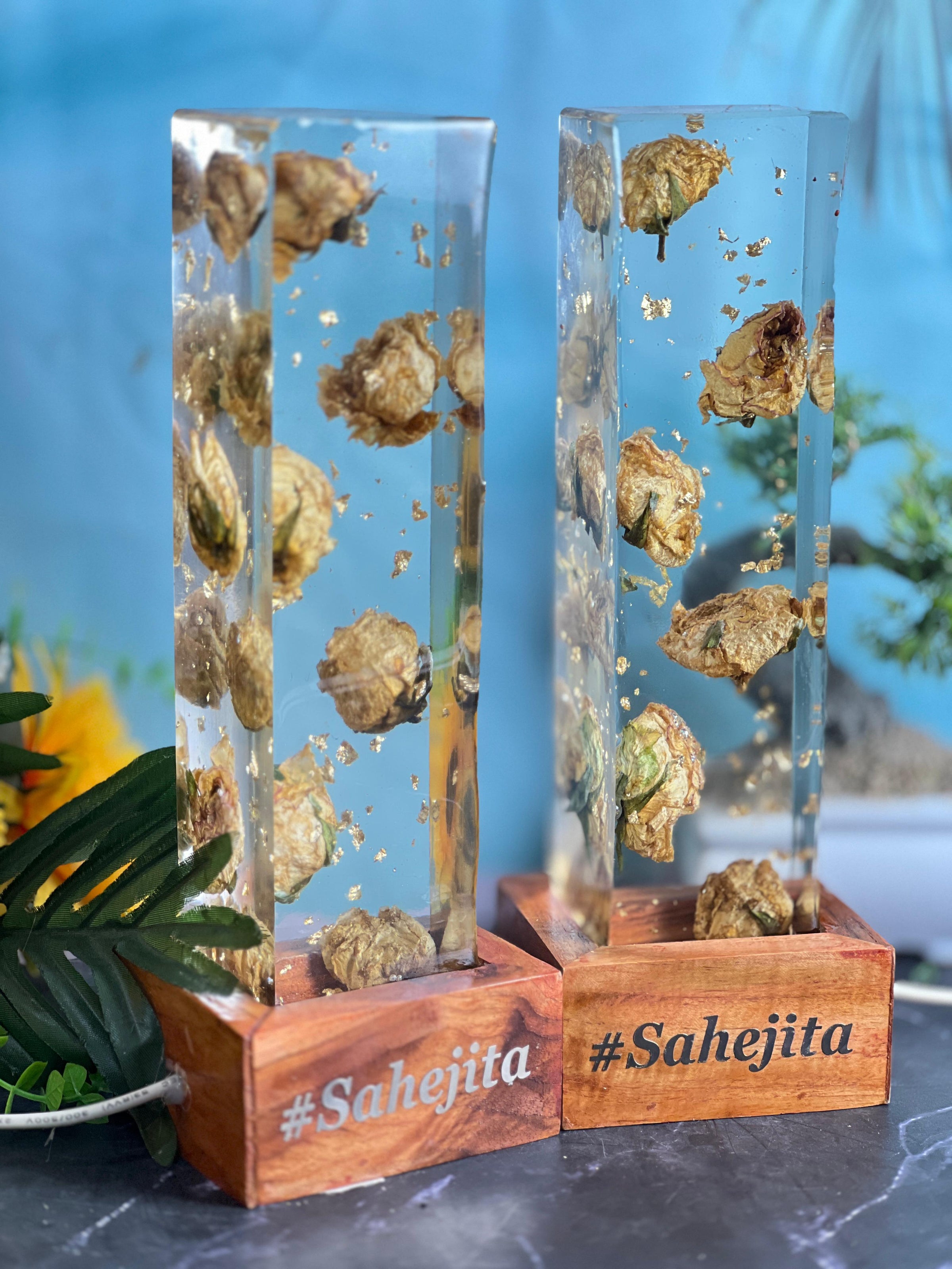 Resin 12 inch block with Couple #tag & LED lamp stand with Varmala Preservation