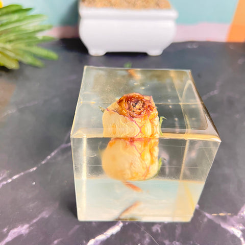 Resin Round keychain set with Cube Single rose Preservation with Flower Preservation
