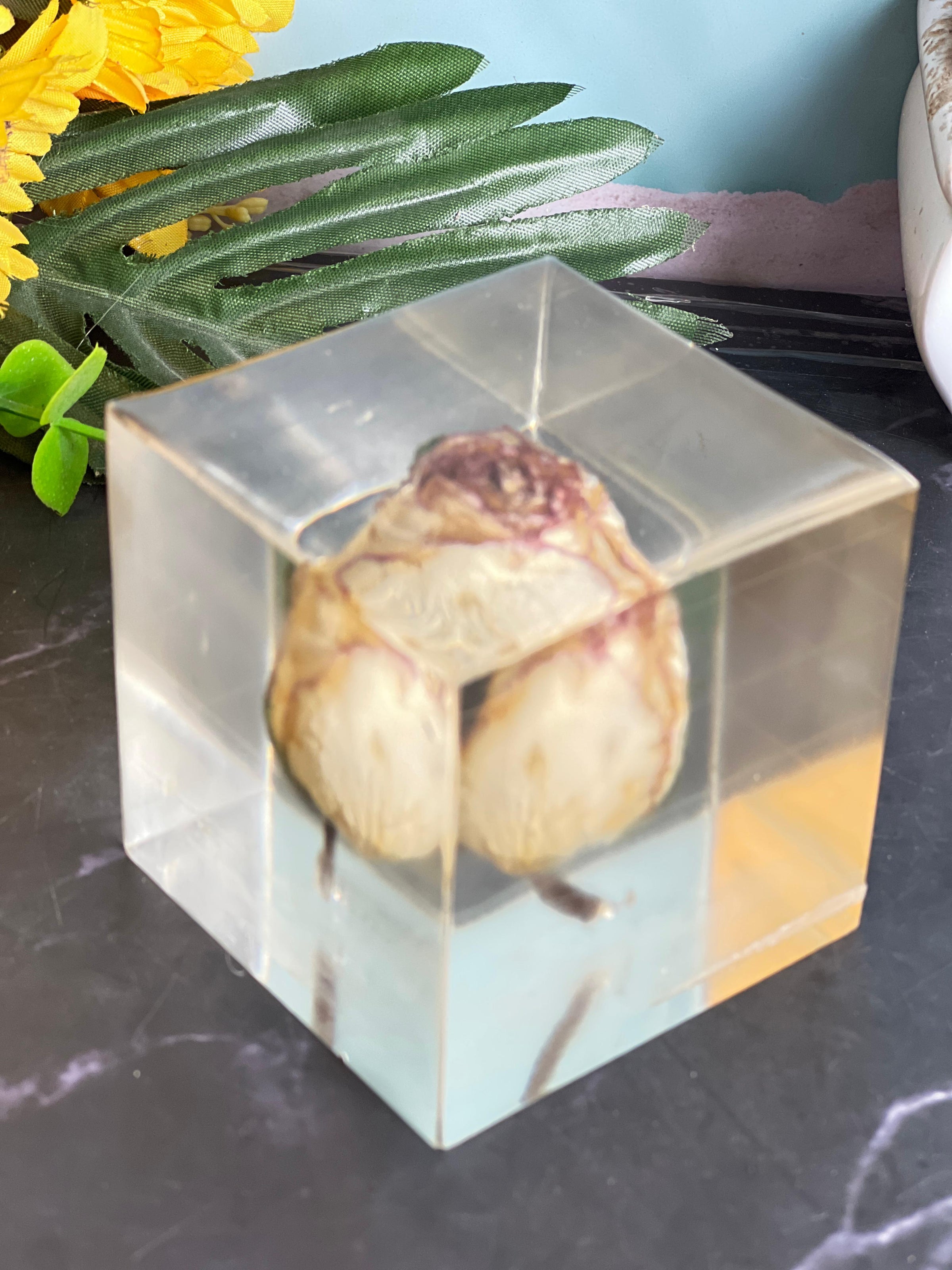 Resin Round keychain set with Cube Single rose Preservation with Flower Preservation