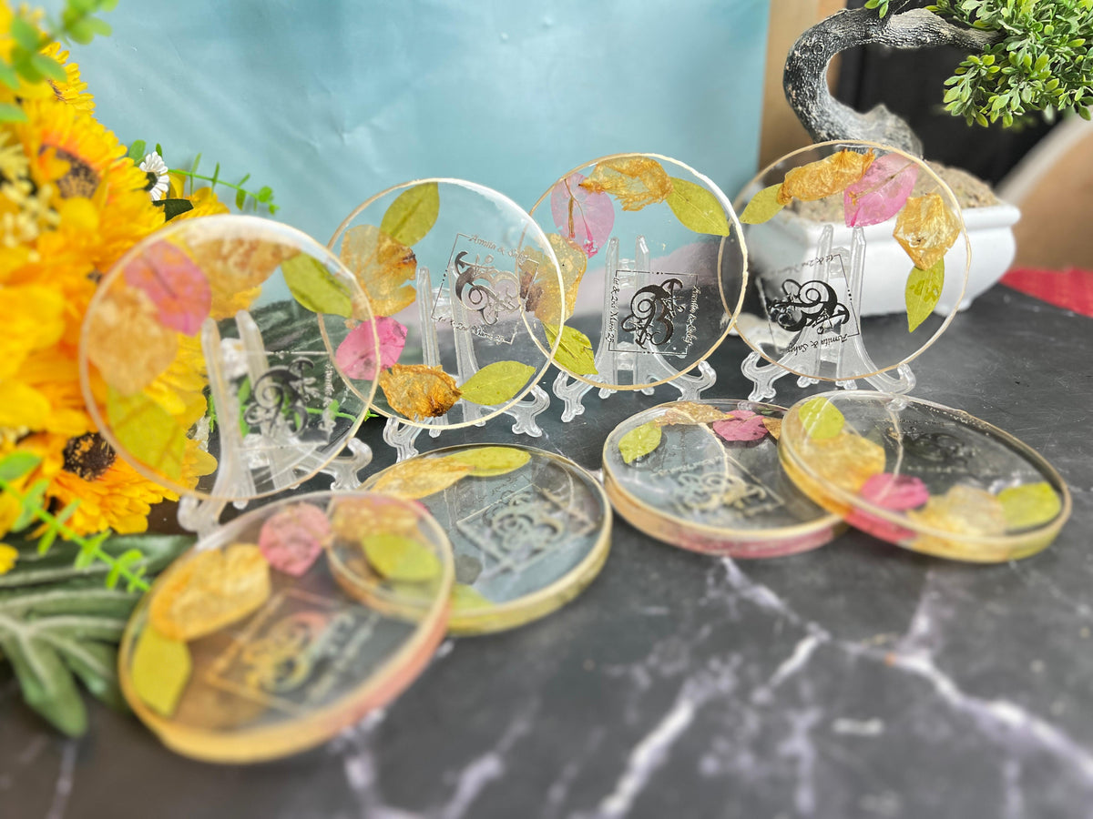 Resin 8 set of coster with Petals with Logo varmala Preservation