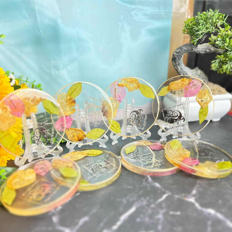 Resin 8 set of coster with Petals with Logo varmala Preservation