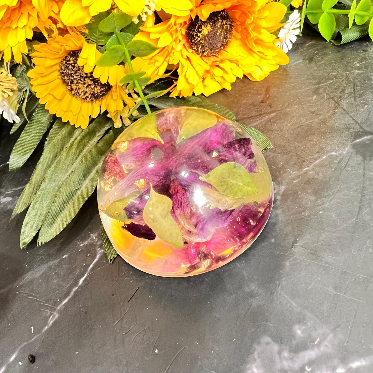 Resin Paperweight with Preserved Orchid Flowers