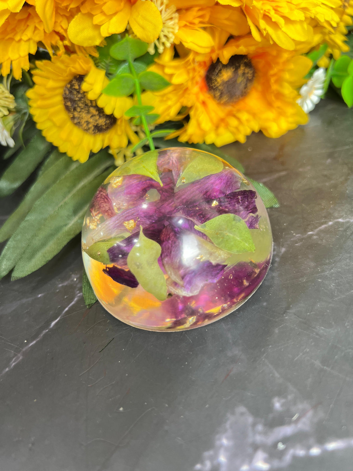 Resin Paperweight with Preserved Orchid Flowers