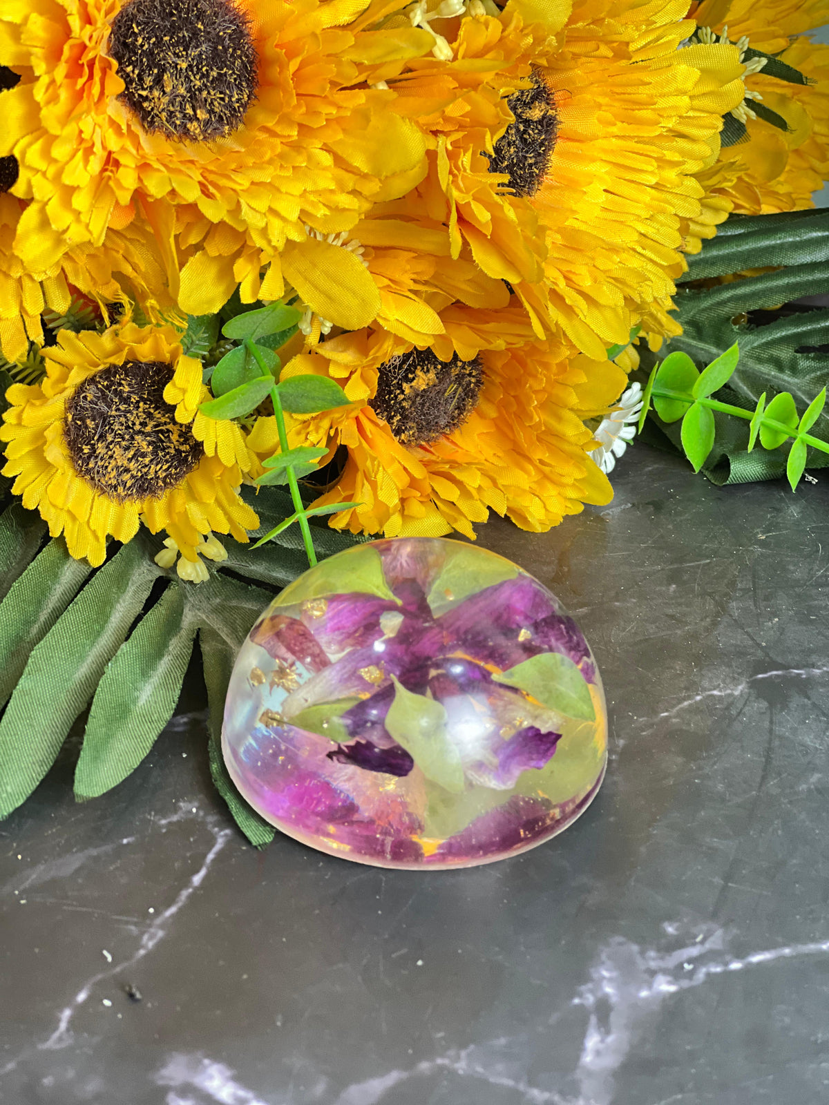 Resin Paperweight with Preserved Orchid Flowers
