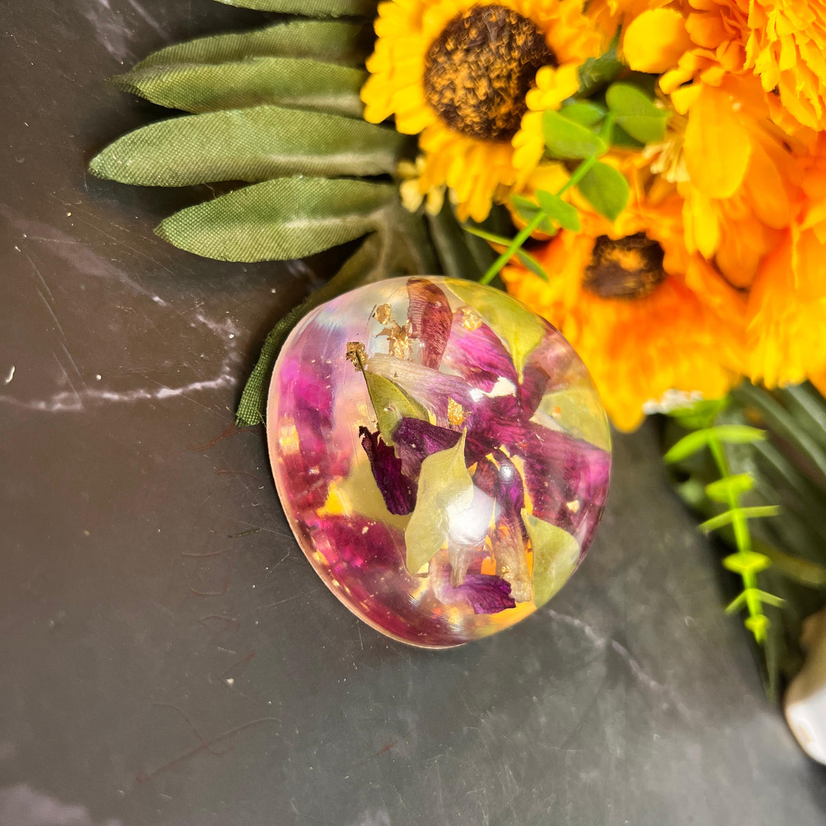 Resin Paperweight with Preserved Orchid Flowers