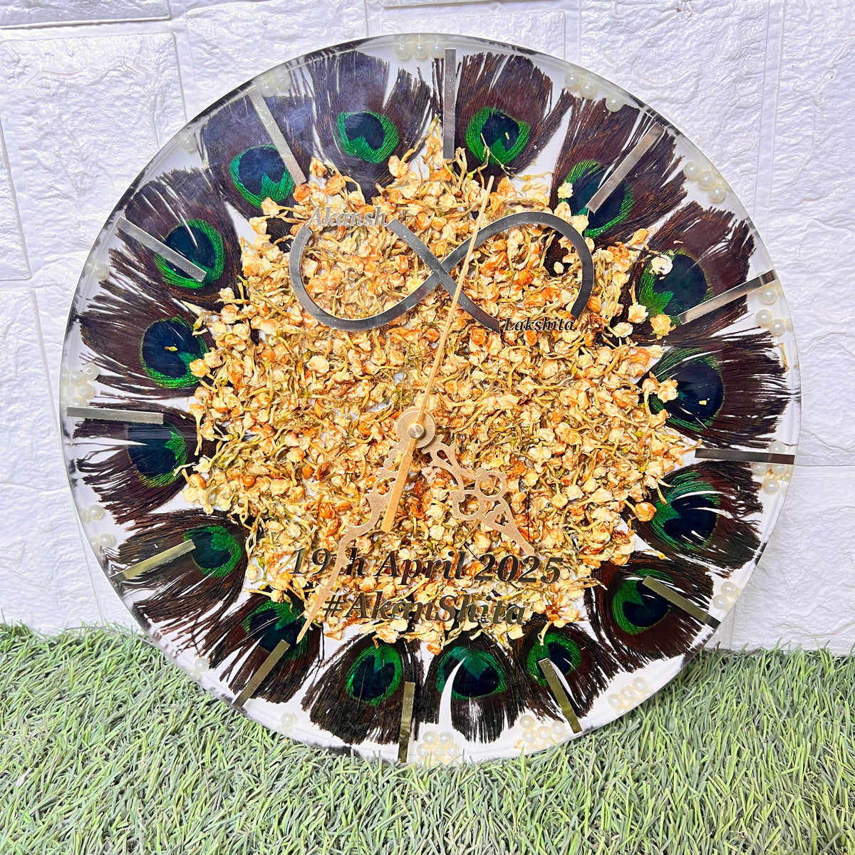 Resin 12inch clock with Morepank with Mogra Flowers with Stick Varmala Preservation