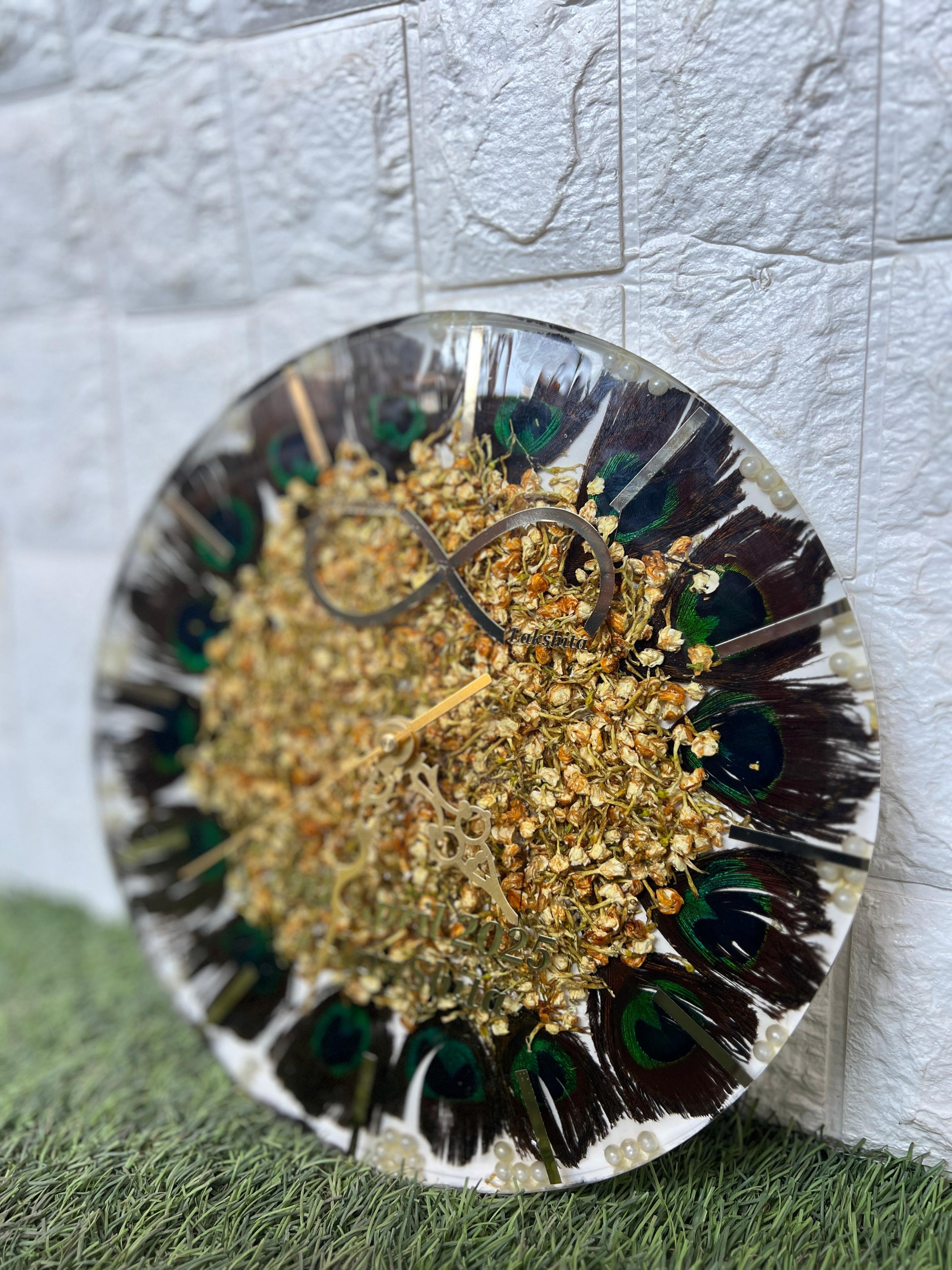 Resin 12inch clock with Morepank with Mogra Flowers with Stick Varmala Preservation
