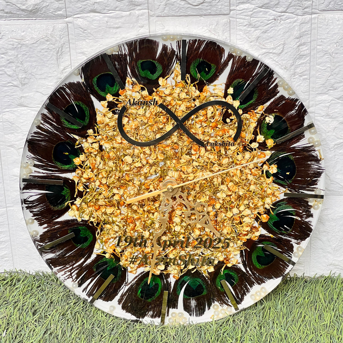 Resin 12inch clock with Morepank with Mogra Flowers with Stick Varmala Preservation