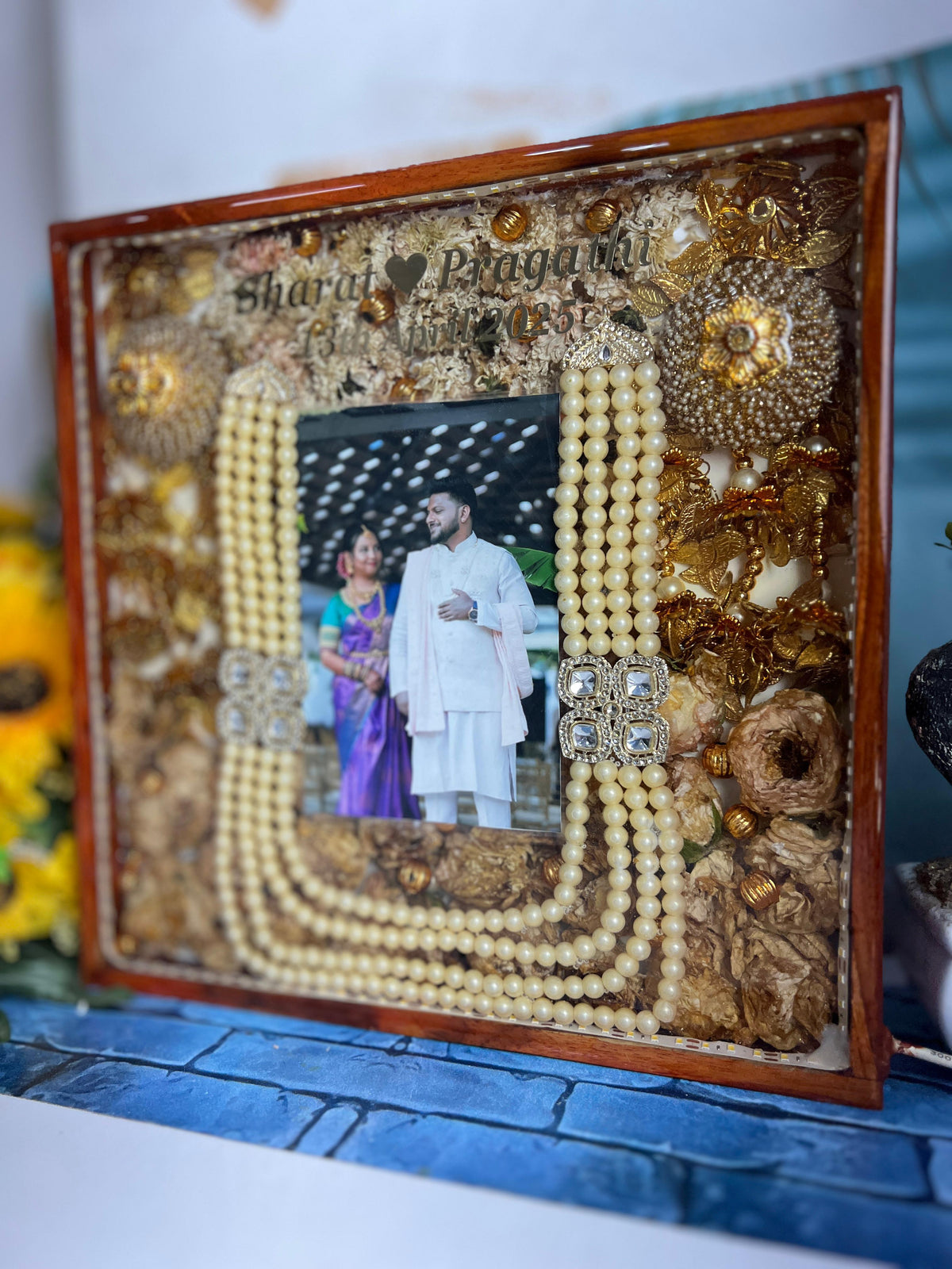 Resin 12 inch wooden frame with led light connection with kaleera ,kantha flowers ,name date and photo Varmala Presevation