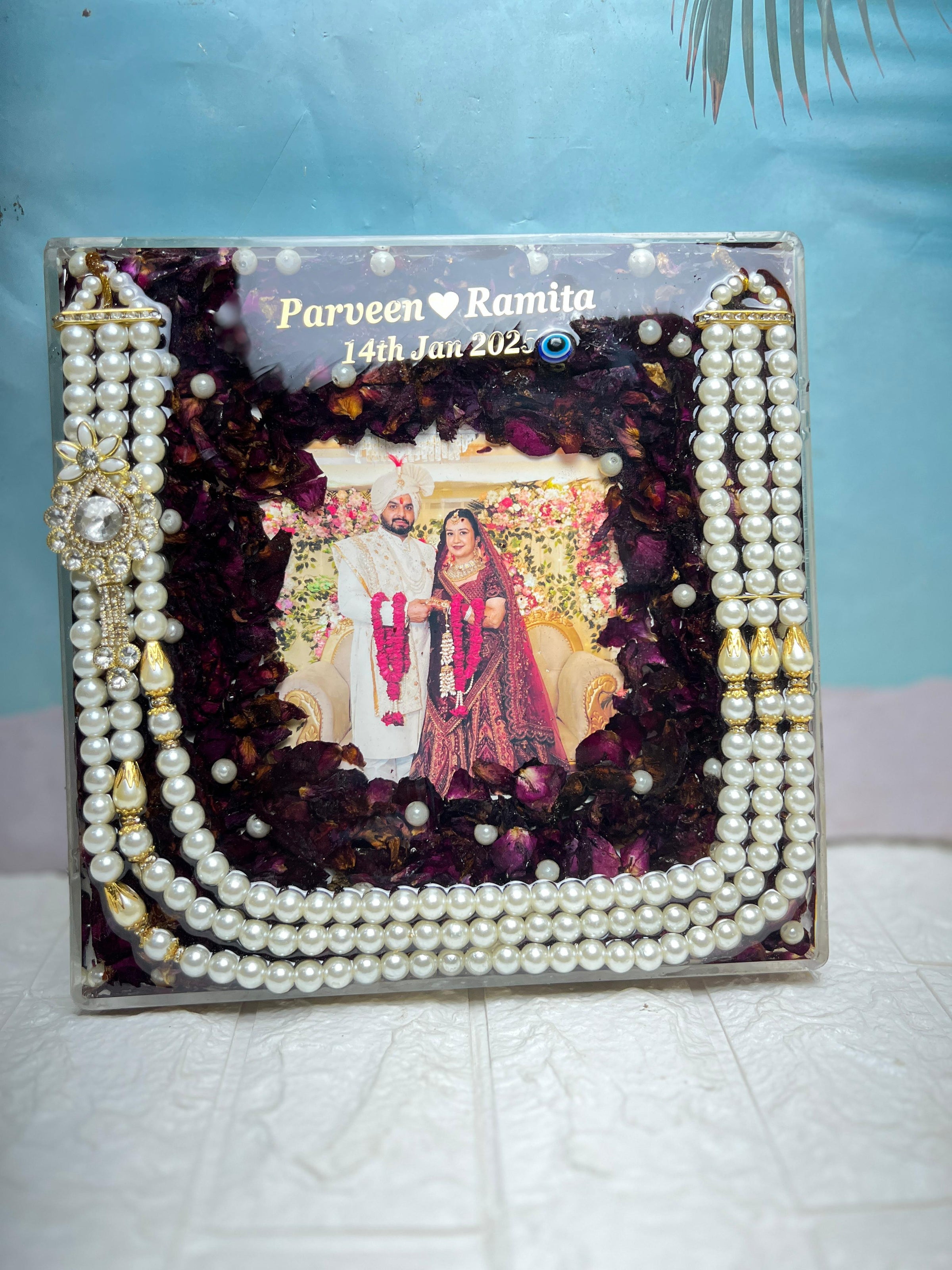 Resin 10 inch acrylic sqaure frame with photo name date , kantha  Couple name & Date with photo Varmala Preservation