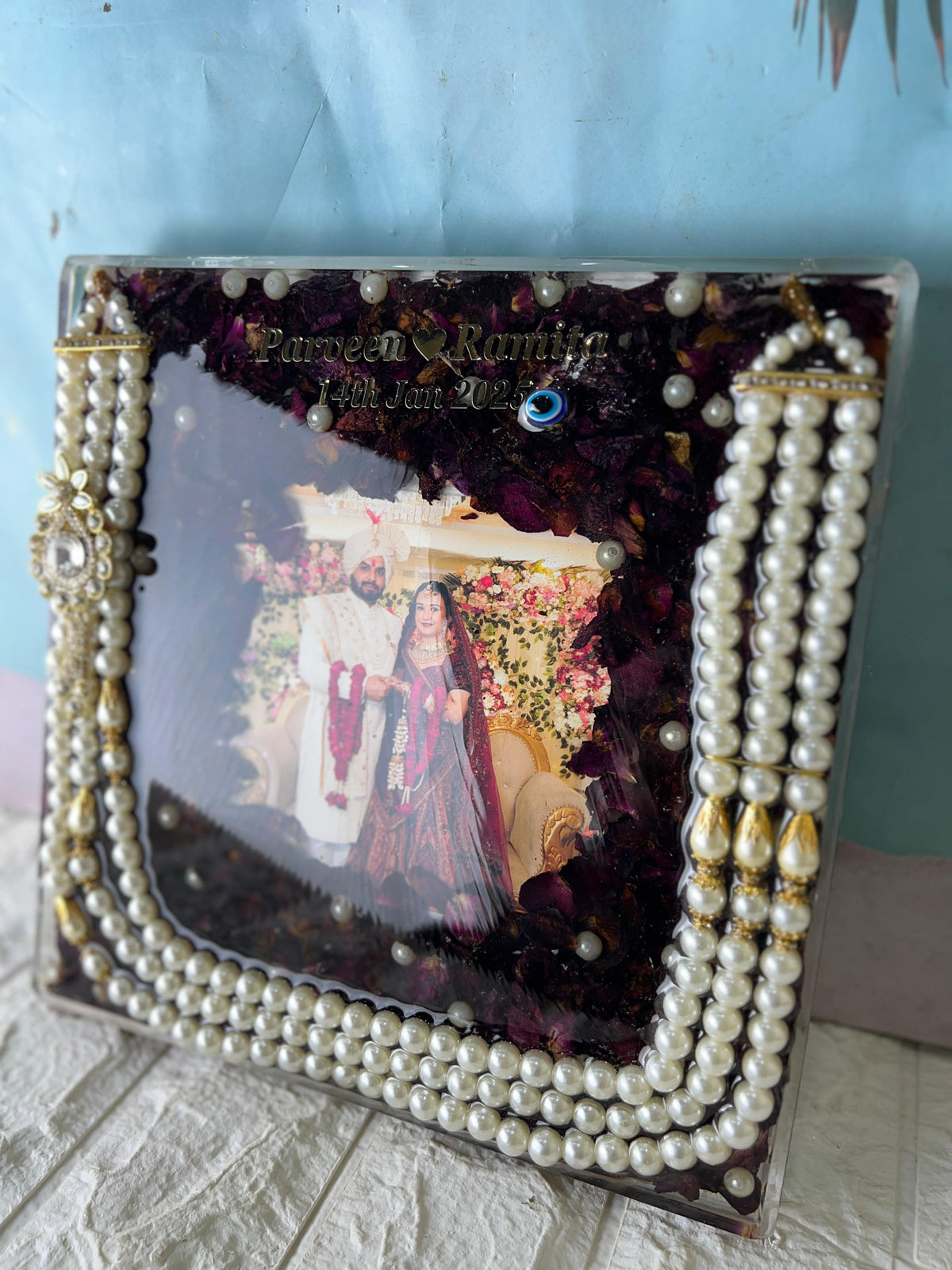 Resin 10 inch acrylic sqaure frame with photo name date , kantha  Couple name & Date with photo Varmala Preservation