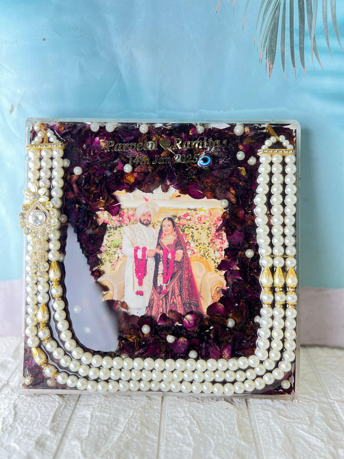 Resin 10 inch acrylic sqaure frame with photo name date , kantha  Couple name & Date with photo Varmala Preservation