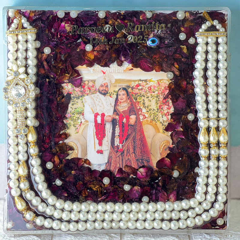 Resin 10 inch acrylic sqaure frame with photo name date , kantha  Couple name & Date with photo Varmala Preservation