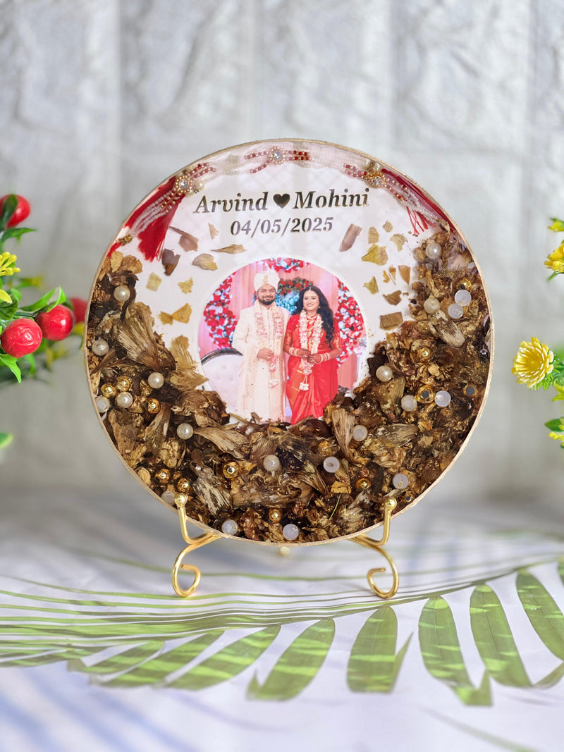 Resin 8inch round with Half side Flowers & Couple photo & Name date with Tread Varmala Preservation